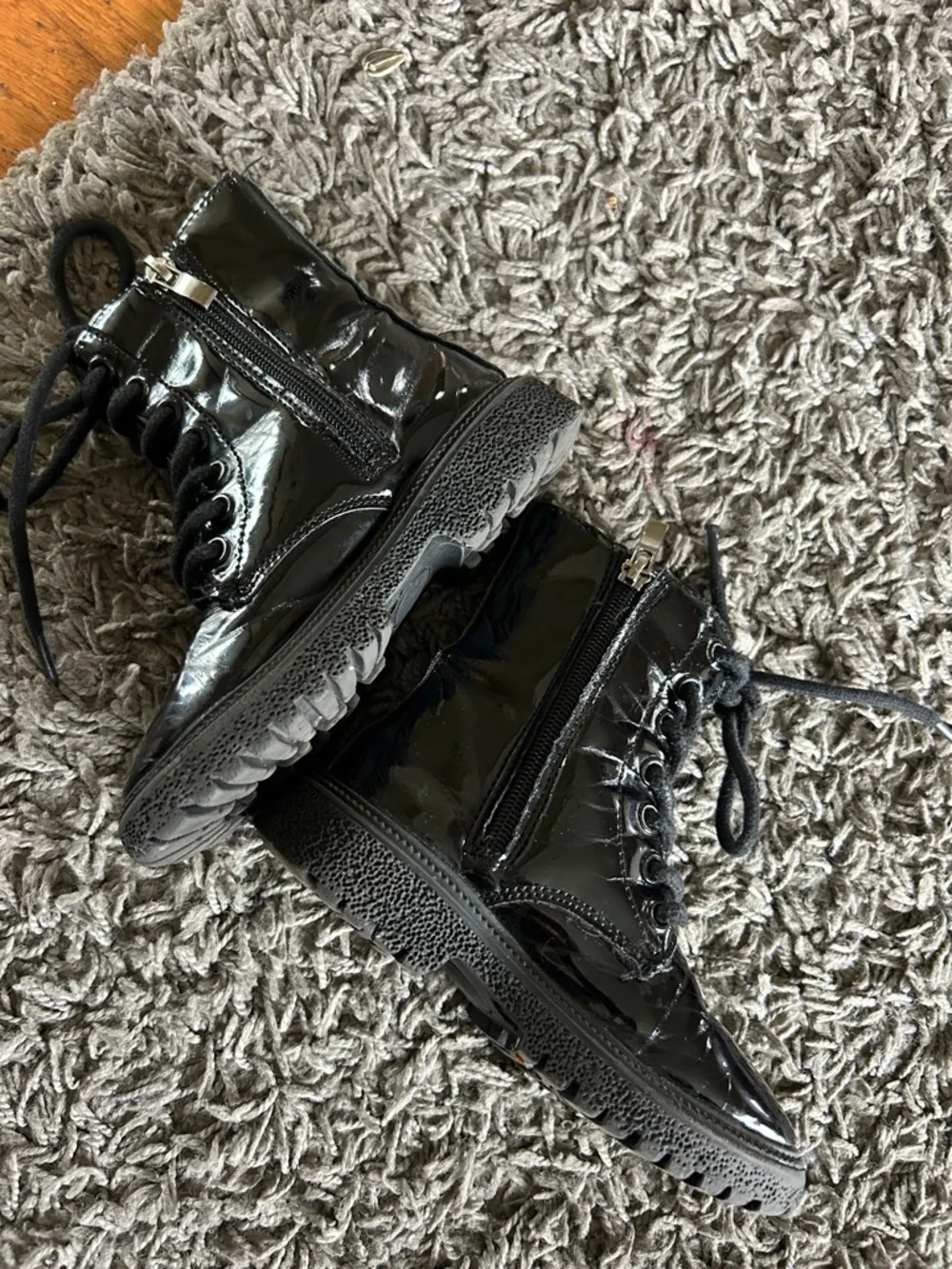 Toddler Girl Black Patent Lace-Up Star Combat Boots Size 26